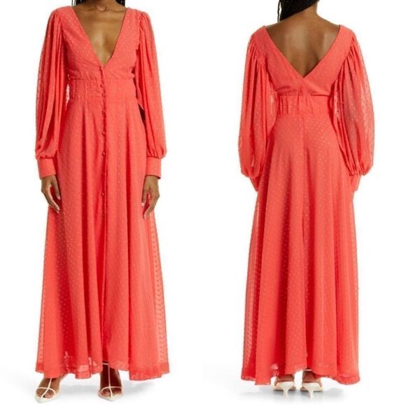 Kimberly Goldson NWT Lesli Clip Dot Long Sleeve Maxi Dress Coral/Gold Me… - Picture 1 of 14